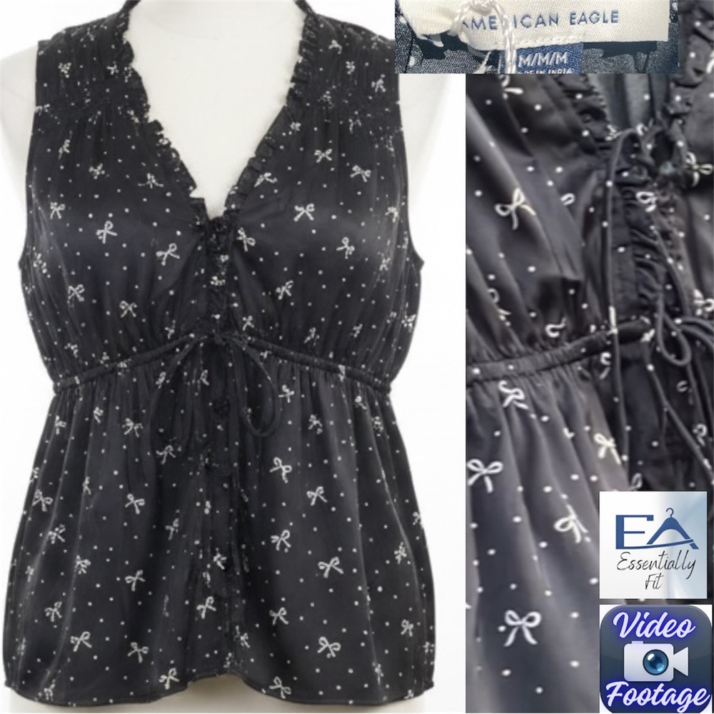 American Eagle Outfitters Black & White Bow Print Babydoll Tie-Front | Coquette